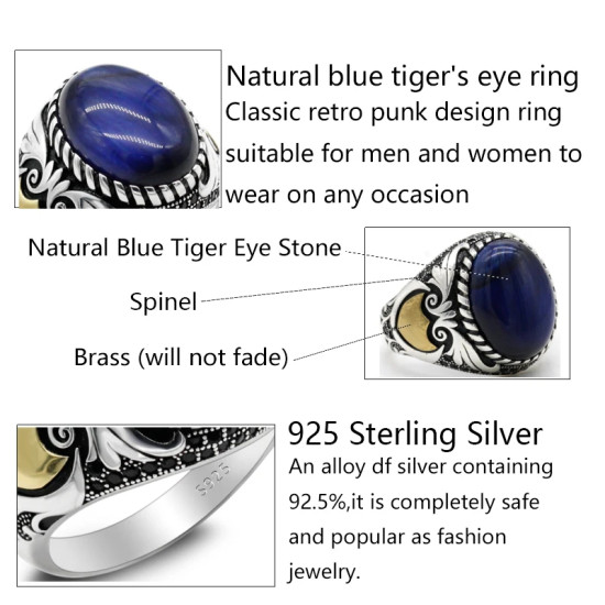 Anillo de plata de ley S925, ojo de tigre azul Natural hecho a mano, anillo de regalo de lujo para fiesta de vacaciones Punk Türkiye - malaquita tienda 36