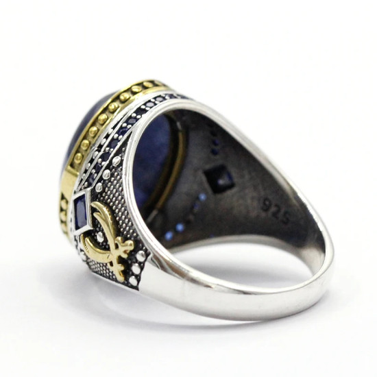 Anillo de plata hecho a mano para hombre S925, cristal azul Natural, joyería de lujo auténtica, Retro, Festival, fiesta, regalo de trabajador - malaquita tienda 36