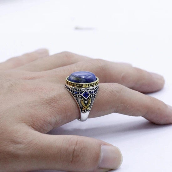 Anillo de plata hecho a mano para hombre S925, cristal azul Natural, joyería de lujo auténtica, Retro, Festival, fiesta, regalo de trabajador - malaquita tienda 36