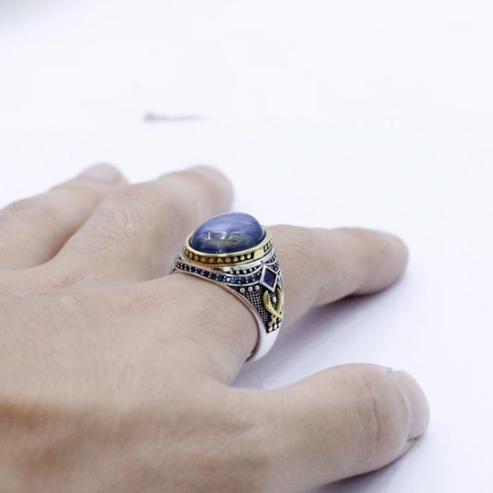 Anillo de plata hecho a mano para hombre S925, cristal azul Natural, joyería de lujo auténtica, Retro, Festival, fiesta, regalo de trabajador - malaquita tienda 36