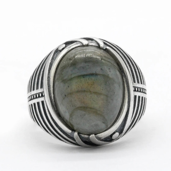 Joyería turca, anillo de Plata de Ley 925 para hombre con labradorita Natural, anillo Punk de rayas simples para hombre, regalo de boda y cumpleaños - malaquita tienda 36