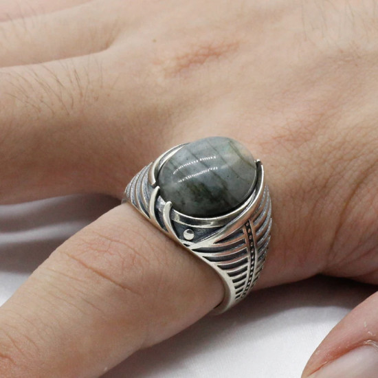 Joyería turca, anillo de Plata de Ley 925 para hombre con labradorita Natural, anillo Punk de rayas simples para hombre, regalo de boda y cumpleaños - malaquita tienda 36