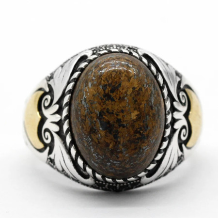 Anillo hecho a mano de plata de ley S925, piedra gris bronce Natural, regalo de vacaciones para fiesta de vacaciones Punk Türkiye