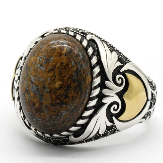Anillo hecho a mano de plata de ley S925, piedra gris bronce Natural, regalo de vacaciones para fiesta de vacaciones Punk Türkiye - malaquita tienda 36