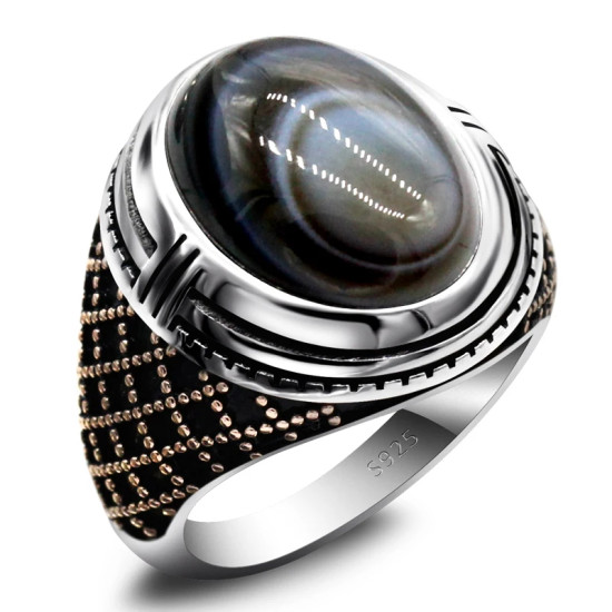 Anillo de Plata de Ley 925 para hombre, anillo Dashi de piedra de ágata de ojo Natural clásico Vintage de Turquía, anillo de plata para hombre con piedra - malaquita tienda 36