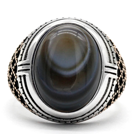 Anillo de Plata de Ley 925 para hombre, anillo Dashi de piedra de ágata de ojo Natural clásico Vintage de Turquía, anillo de plata para hombre con piedra