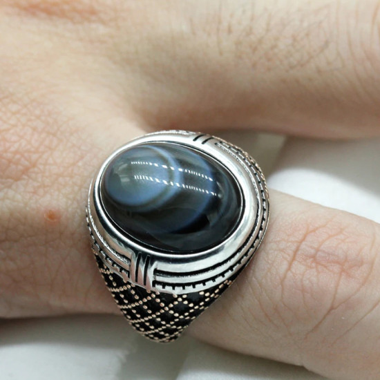 Anillo de Plata de Ley 925 para hombre, anillo Dashi de piedra de ágata de ojo Natural clásico Vintage de Turquía, anillo de plata para hombre con piedra - malaquita tienda 36