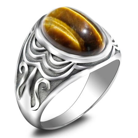 Anillo de plata de ley S925, regalo de fiesta hecho a mano retro de ojo de tigre natural, joyería Türkiye