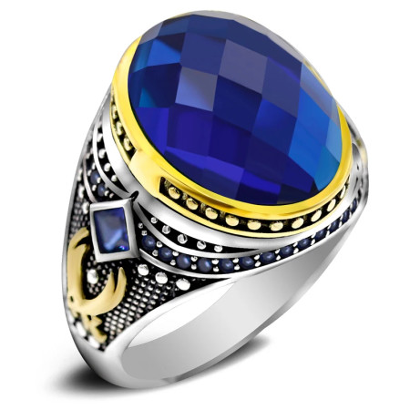 Joyería de plata S925 para hombre, estilo punk, cristal azul cúbico, anillo de fiesta antiguo hecho a mano de Türkiye, lujoso y auténtico Joyería de plata S925 para hombre, estilo punk, cristal azul cúbico, anillo de fiesta antiguo hecho a mano de Türkiye, lujoso y auténtico