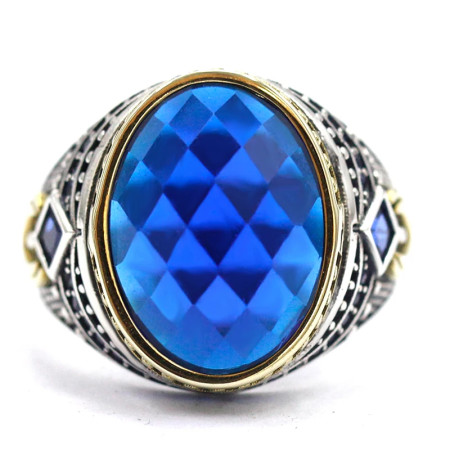 Joyería de plata S925 para hombre, estilo punk, cristal azul cúbico, anillo de fiesta antiguo hecho a mano de Türkiye, lujoso y auténtico Joyería de plata S925 para hombre, estilo punk, cristal azul cúbico, anillo de fiesta antiguo hecho a mano de Türkiye, lujoso y auténtico