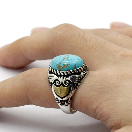 Nuevo Anillo de Plata de Ley 925 con turquesa Natural para hombre, alas Punk turcas, exquisito anillo de fiesta de cóctel para hombres y mujeres para amigos - malaquita tienda 36