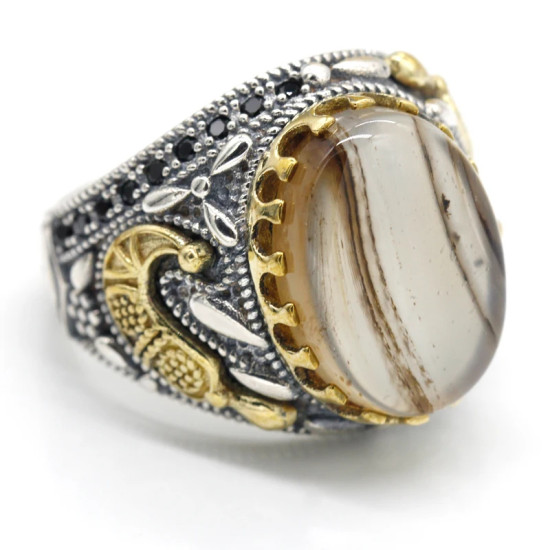 Gran oferta, anillo de Plata de Ley 925, joyería turca, anillo de piedra de ágata oceánica, anillo de espinela negra para hombre, joyería alta - malaquita tienda 36