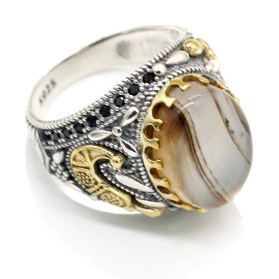 Gran oferta, anillo de Plata de Ley 925, joyería turca, anillo de piedra de ágata oceánica, anillo de espinela negra para hombre, joyería alta - malaquita tienda 36