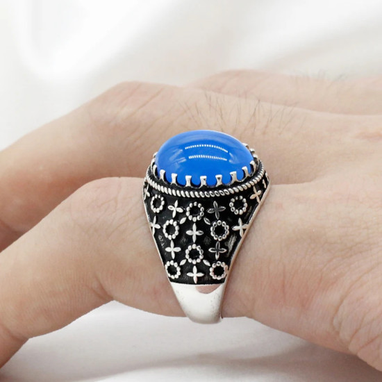 Anillo de ágata negra turca para hombre, Plata de Ley 925 pura, Vintage tallado con piedra Natural grande ovalada, anillos masculinos, regalo de joyería - malaquita tienda 36