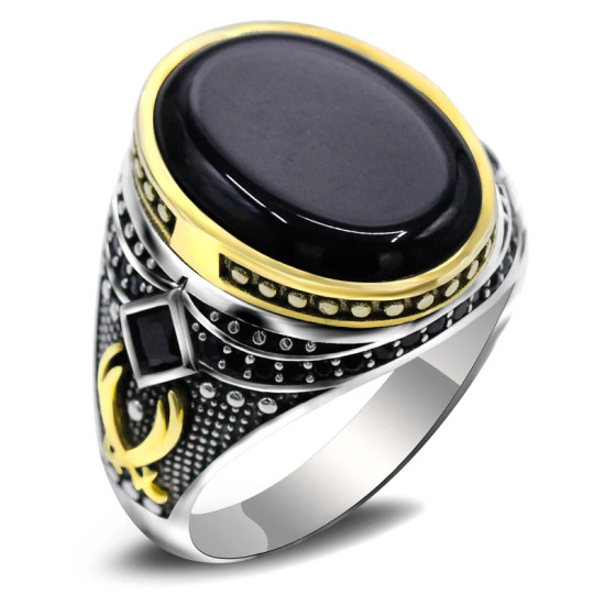 Piedra de ágata negra Natural combinada con diseño de conjunto de anillos de plata de ley 925 para hombre, anillo de joyería de estilo Punk Popular para chica - malaquita tienda 36