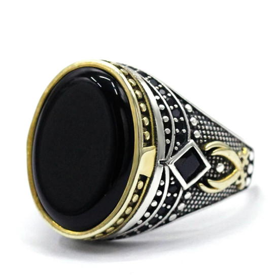 Piedra de ágata negra Natural combinada con diseño de conjunto de anillos de plata de ley 925 para hombre, anillo de joyería de estilo Punk Popular para chica - malaquita tienda 36