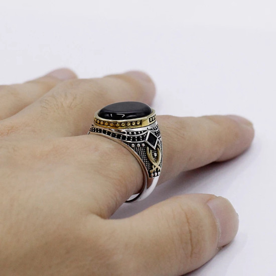 Piedra de ágata negra Natural combinada con diseño de conjunto de anillos de plata de ley 925 para hombre, anillo de joyería de estilo Punk Popular para chica - malaquita tienda 36