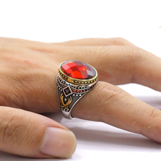 Anillo de plata de ley S925, joyería lujosa, regalo de fiesta navideña, moda retro, regalo de fiesta de vacaciones para hombres con circonita roja AAA - malaquita tienda 36
