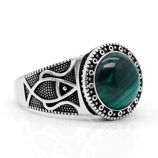 Anillo turco antiguo de Plata de Ley 925 pura con piedra Natural, joyería punk rock de color ágata de malaquita para hombre - malaquita tienda 36