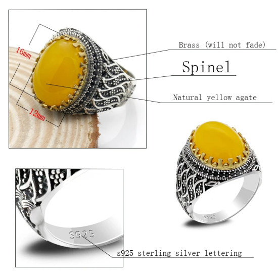 Nuevo superventas, anillo de Plata de Ley 925, anillo de ágata amarilla para hombre, anillo Unisex, conjunto de joyería para personas mayores, anillo para amantes, anillo para mujer - malaquita tienda 36
