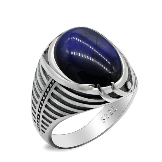 Anillo de Plata de Ley 925 para hombre con piedra de ojo de tigre azul Natural, joyería turca, anillo Punk de rayas simples para hombre, regalo de cumpleaños - malaquita tienda 36