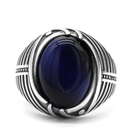 Anillo de Plata de Ley 925 para hombre con piedra de ojo de tigre azul Natural, joyería turca, anillo Punk de rayas simples para hombre, regalo de cumpleaños - malaquita tienda 36