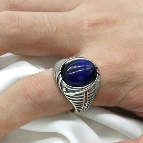 Anillo de Plata de Ley 925 para hombre con piedra de ojo de tigre azul Natural, joyería turca, anillo Punk de rayas simples para hombre, regalo de cumpleaños - malaquita tienda 36