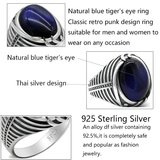 Anillo de Plata de Ley 925 para hombre con piedra de ojo de tigre azul Natural, joyería turca, anillo Punk de rayas simples para hombre, regalo de cumpleaños - malaquita tienda 36
