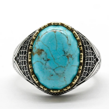 Nuevo Anillo de Plata de Ley 925 para hombres y mujeres, turquesa Natural, diseño de tendencia turca, estilo Punk, joyería de fiesta hecha a mano exquisita Nuevo Anillo de Plata de Ley 925 para hombres y mujeres, turquesa Natural, diseño de tendencia turca, estilo Punk, joyería de fiesta hecha a mano exquisita