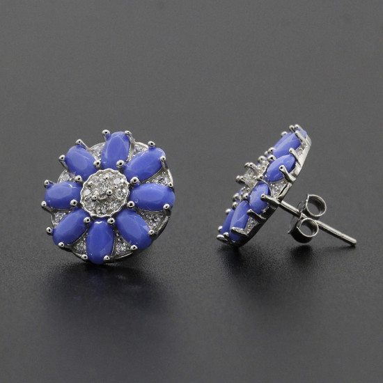 Pendientes tipo botón de plata fina 925, pendientes elegantes de circonita púrpura ovalados con flores para mujer, joyería de boda, regalo del Día de San Valentín - malaquita tienda 36