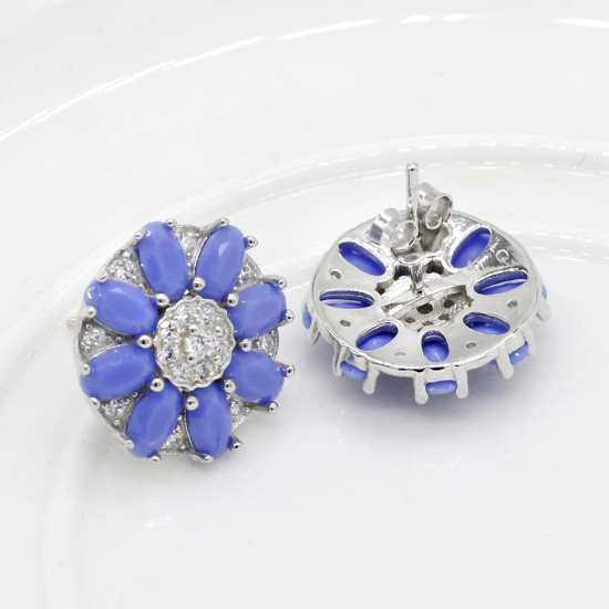 Pendientes tipo botón de plata fina 925, pendientes elegantes de circonita púrpura ovalados con flores para mujer, joyería de boda, regalo del Día de San Valentín - malaquita tienda 36