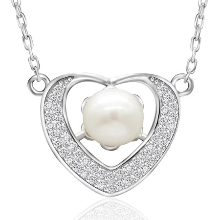 Collar con colgante de perlas de Plata de Ley 925, perla de agua dulce, corazón de amor, cadena CZ transparente, clásico para mujer, regalo de joyería de boda Collar con colgante de perlas de Plata de Ley 925, perla de agua dulce, corazón de amor, cadena CZ transparente, clásico para mujer, regalo de joyería de boda
