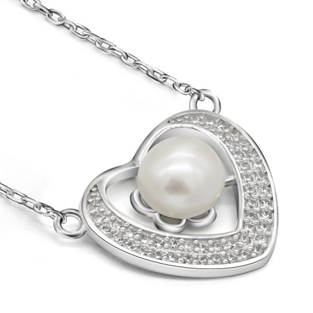 Collar con colgante de perlas de Plata de Ley 925, perla de agua dulce, corazón de amor, cadena CZ transparente, clásico para mujer, regalo de joyería de boda Collar con colgante de perlas de Plata de Ley 925, perla de agua dulce, corazón de amor, cadena CZ transparente, clásico para mujer, regalo de joyería de boda