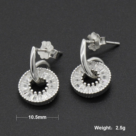 Pendientes de plata 925 para mujer y niña, aretes redondos con forma rectangular, CZ, joyería Coreana de moda, regalo de boda Pendientes de plata 925 para mujer y niña, aretes redondos con forma rectangular, CZ, joyería Coreana de moda, regalo de boda