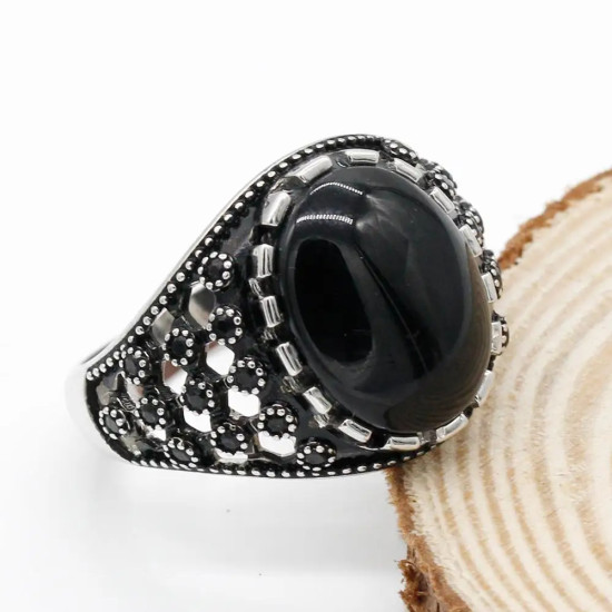 Anillo de Plata de Ley 925 para hombre, piedra de ágata Natural negra, Vintage estilo Punk, joyería turca hecha a mano, regalo de boda para hombre - malaquita tienda 36
