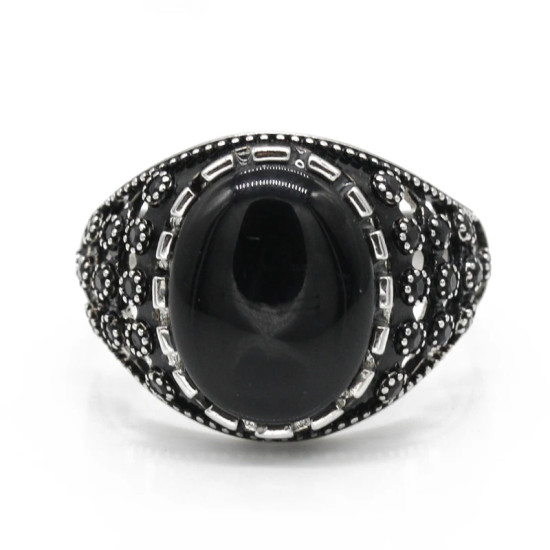Anillo de Plata de Ley 925 para hombre, piedra de ágata Natural negra, Vintage estilo Punk, joyería turca hecha a mano, regalo de boda para hombre - malaquita tienda 36
