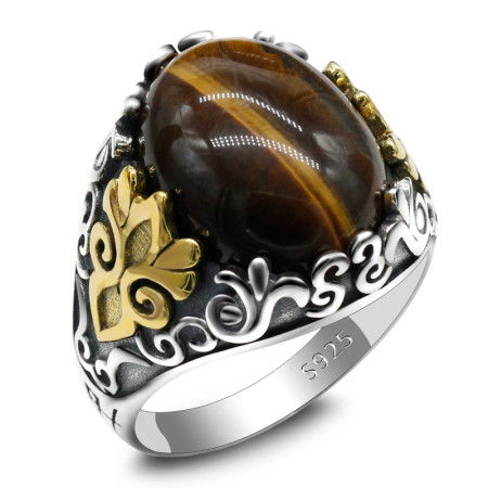 Anillo de Plata de Ley 925 hecho a mano para hombre, con piedra Natural de ojo de Tigre, anillo de plata oxidado, joyería turca para hombre Anillo de Plata de Ley 925 hecho a mano para hombre, con piedra Natural de ojo de Tigre, anillo de plata oxidado, joyería turca para hombre
