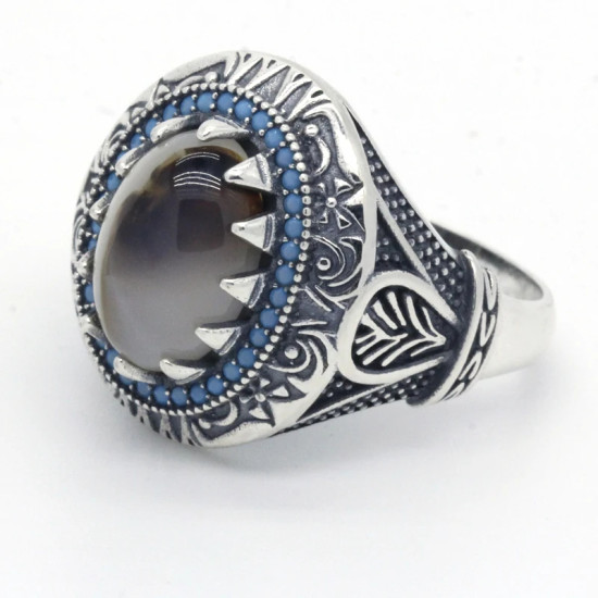 Anillo de Plata de Ley 925 con piedras azules para hombre, anillo grande de piedra Natural, estilo Punk Vintage, turco, hecho a mano, joyería de fiesta - malaquita tienda 36