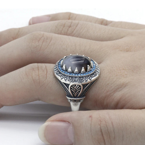 Anillo de Plata de Ley 925 con piedras azules para hombre, anillo grande de piedra Natural, estilo Punk Vintage, turco, hecho a mano, joyería de fiesta - malaquita tienda 36
