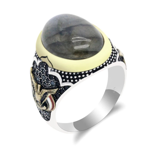Anillo de Plata de Ley 925 para hombre, piedra lunar Natural ovalada, joyería de estilo Punk de alta calidad, Size8-13 de moda de Águila - malaquita tienda 36