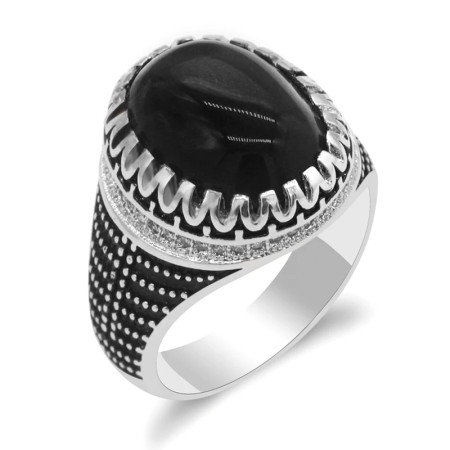 Anillo para hombre estilo Retro Punk Vintage negro ovalado piedra Natural de ónice diseño exquisito artesanal, joyería de boda para hombre