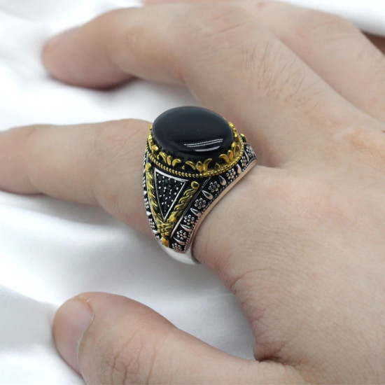 Anillo de Plata de Ley 925 con piedra de ágata Natural negra para hombre, joyería turca hecha a mano, Shofar, súper genial - malaquita tienda 36