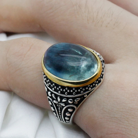 Anillos de plata 925 pura para hombre, piedra de fluorita Natural azul, anillos exquisitos hechos a mano para boda/Fiesta, regalos de moda, joyería fina - malaquita tienda 36