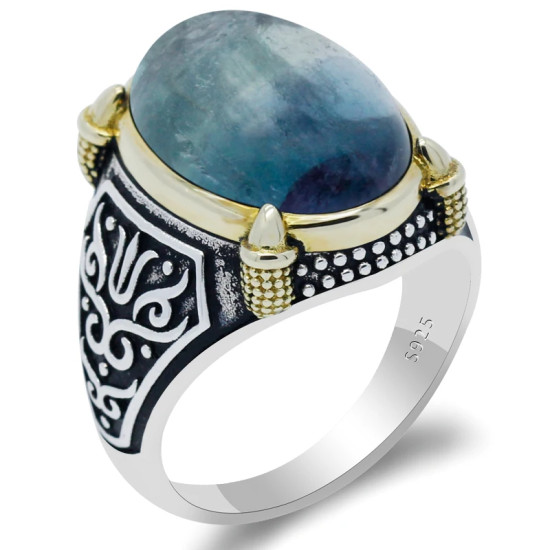 Anillos de plata 925 auténtica para hombre, con piedra de fluorita Natural azul, joyería fina turca, estilo Punk Retro - malaquita tienda 36