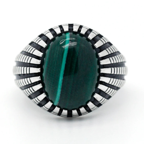 Anillo de Plata de Ley 925 auténtica para hombre, piedra de malaquita Natural verde, estilo Punk, joyería fina para fiesta/boda - malaquita tienda 36