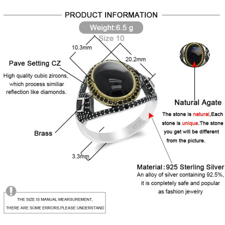 Anillo de Plata de Ley 925 con piedra de ágata Natural negra para hombre, joya de superhéroe, joyería Vintage