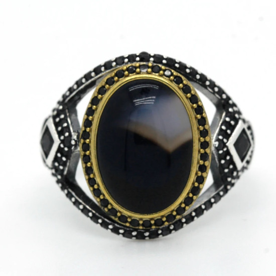 Anillo de Plata de Ley 925 con piedra de ágata Natural negra para hombre, joya de superhéroe, joyería Vintage - malaquita tienda 36