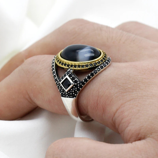 Anillo de Plata de Ley 925 con piedra de ágata Natural negra para hombre, joya de superhéroe, joyería Vintage - malaquita tienda 36