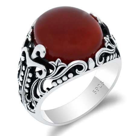 Anillo de Plata de Ley 925 para hombre, con ágata roja Natural, insignias de piedra Aqeeq, corona ondulada, estilo Punk, joyería de fiesta, anillo de boda