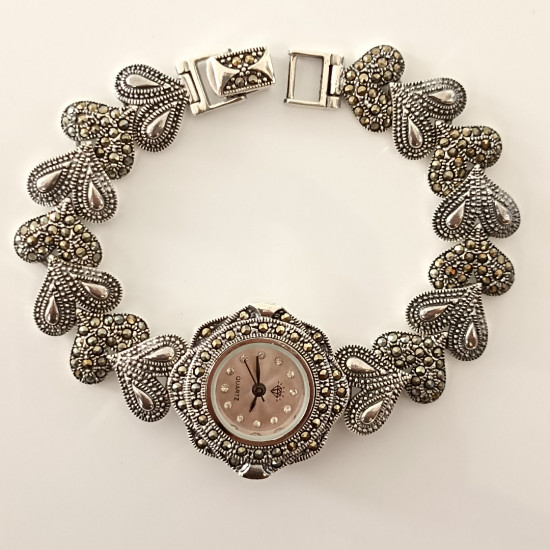 Linda Grande Reloj con Piedra Marcacita de Plata 925